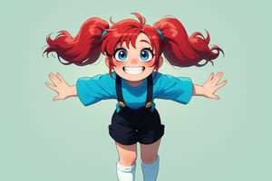 1 little girl,9yo,Pippi Långstrump,Adorable energetic and adorable girl,bright red hair tied in pigtails, A face full of freckles, sparkling blue eyes, a big smile, an oversized blue shirt hanging loosely, long socks with suspenders of different colors on each side,
Socks with different colors on the left and right sides, socks with an asymmetric design,The sunlit background suggests a carefree summer day,
Vibrant color palette. Expressive manga style with detailed textures