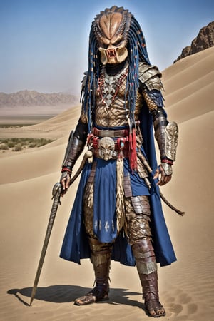  Predator alien,Yautja, Hish, stand proudly in the vast Central Asian deserts, wearing traditional nomadic costumes. Its muscular frame is covered by a long chapin coat richly embroidered in deep blues and reds. A tall kalpok hat trimmed with fur rests on his dreadlocked head, partially hiding his alien features. The Predator's lower jaw is decorated with intricate silver jewels. She wears wide shalwar pants and leather boots. An ornate belt with a ceremonial knife completes the outfit. In one hand he holds a traditional wooden cane. Predator1024,Predator1024