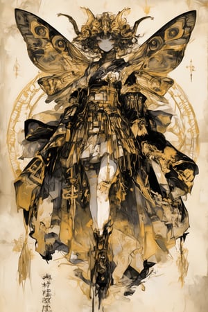 Decadent illustration, beautiful androgynous male, moth motif, 8k resolution, detailed anime style. Gold, black, and white color scheme. Elaborate layered kimono with moth wing patterns, flowing fabrics. Curly black hair with golden ram horns. Pale skin, sharp features, mysterious expression. Large moth wings attached to back, intricate eye-spot designs. Ornate golden accessories, tassels, and embroidery. Baroque-inspired clothing details. Slender figure in elegant pose. Moth antenna headdress. Black and gold boots. Vintage entomology-style moth illustration in background. Soft, diffused lighting. Textured paper effect. Art nouveau and Japanese aesthetics blend. Hyper-detailed fabric patterns and insect anatomy.,dal,FantaVin Anime Art,watercolor \(medium\)