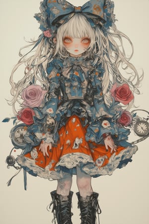 Maximalist fashion anime girl, ornate gothic punk design, dissatisfied expression, long wavy platinum blonde hair, intricate hair bow with playing card motif, blue ruffled dress with multiple layers, orange underskirt, detailed floral pattern, red and pink roses, playing card symbols scattered on dress, pocket watch accessory, lace trim, platform boots, pale skin, large expressive eyes, Alice in Wonderland inspired, highly detailed digital painting, studio ghibli style, artstation trending,FantaVin Anime Art,Color,FantaVin Anime Art,PorcelainDollPrincess