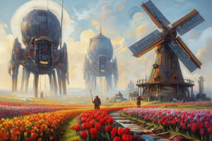 
Oil painting of 19th century Dutch landscape. Foreground: Vibrant tulip fields with rows of red, yellow, pink, and purple flowers. Midground: Typical Dutch windmill, wooden with large blades. Farmers in traditional dress walking through fields. Background: Ominous, gigantic quadrupedal war machines, black and futuristic in design. Sky: Characteristic Dutch low-hanging clouds. Lighting: Soft afternoon sunlight illuminating fields. Brushwork: Impressionistic style. Vivid colors for tulips, detailed windmill, mysterious outlines for machines. Composition: Lower 2/3 tulip fields and windmill, upper 1/3 sky and machines. Atmosphere: Pastoral beauty contrasting with unsettling futuristic presence, creating unique tension,surrealportraits, illustration,complex detail lineart,AbmoilPainting