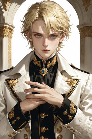 Extreme detailed,Realistic,solo,aesthetic art,
official art, extremely detailed, Extreme Realistic,  Nordic beautiful teen boy,beautifully detailed eyes, detailed fine nose,long blonde hair,
long braid hair, detailed fingers,muscle body, wearing extremely detailed luxury male Prince Albert coat, high quality, beautiful high Detailed white short hair,boy,emo,Perfect Hands
