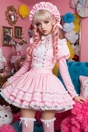 ,maximalism kawaii clutter and excessive decoration room,
brake
Cute Scandinavian girl,14 yo,(maximalism fashion), in an overly decorated emo style pink lolita outfit, her dress is bright pink with frills and studded with lace and ribbons,luxury head bonnet, a glittering flared skirt, platinum blonde curly hair, oversized ribbons and Adorned with sparkling hairpins, she wears thick platform boots and pastel stockings,heavy makeup,