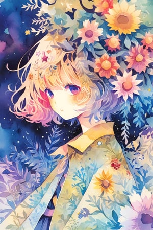 Emo Kitsch design,crazy colorful illustration,shoujyo manga style,Treant, tree with a cute face, a face covered in flowers,(only Face:1.2),(face seen from the side),emo,watercolor \(medium\), ,Anime girl,papercut,dreamscape,Flat Design