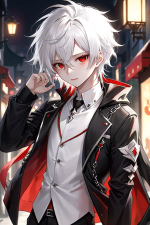  VTuber character,1 boy, who is a strikingly beautiful young boy with white hair and red eyes. His hair is silky and perfectly styled, falling gently around his face and contrasting sharply with his vibrant red eyes, that seem to glow with an intense, mysterious light, His skin is porcelain smooth, and his features are delicate yet striking, giving him an almost ethereal appearance. He is dressed in a stylish, modern outfit with elements of both fantasy and street fashion,a sleek black jacket with silver accents, a white shirt, and slim-fitting pants. ,niji5