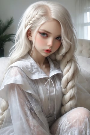 1 girl, albino girl,12 years old,(Pure white long braided pigtails),braided hair, Beautiful iris with high precision,gentle re eyes,sexy mesh fishnet blouse,Girl in transparent raincoat,Luxury Room Backdrops ,dal,loukong1,gigantic_breasts,close up