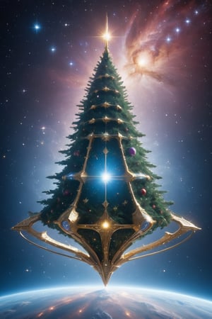 "Generate a captivating image of a Christmas tree-shaped spacecraft gracefully drifting through the cosmos. Envision the spacecraft adorned with sparkling lights, resembling festive ornaments, and cosmic dust forming a shimmering trail behind it. Highlight the intricate details of the spacecraft's branches, each tipped with celestial decorations, and the central trunk housing a futuristic command center. Capture the ethereal beauty of this celestial Christmas tree as it navigates the vastness of space, spreading holiday cheer to the far reaches of the universe.",Starship,