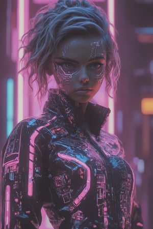  girl, Detailed body painting beautiful neon operator tanned woman, cyberpunk futuristic neon, reflective puffy coat, decorated with traditional japanese ornaments, perfect face, fine details,neon,circuitboard,zavy-cbrpnk