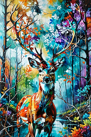 abstract painting Entanglement art,
Crazy colors, awakening, mysterious deer, gigantic, shining antlers, metaphysical deer.