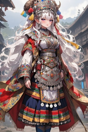 (anime style),1Girl,albino Demon girl,goat horns,pale White skin,pure White long wave Hair,
 in northern Thailand wearing an opulent traditional bridal costume. Vibrant, multi-layered outfit with intricate embroidery and silver coin decorations. Elaborate headdress adorned with colorful tassels, beads, and dangling silver ornaments. Heavy silver necklaces and large earrings frame her face. Richly embroidered jacket in deep indigo with geometric patterns in red, yellow, and green. Wide pleated skirt with bold horizontal stripes and detailed needlework. Ornate silver belt with hanging charms. Embroidered apron with intricate designs. Legs wrapped in indigo leggings with embroidered ends. Traditional cloth shoes with pointed toes. She stands in a misty mountain village with traditional Hmong houses in the background,1girl,lyh,adrr-tsfft