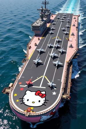 A cute aircraft carrier,with a whimsical Sanrio character design, the carrier is painted in pastel pinks, blues and yellows and features a large painting of Hello Kitty smiling out from the side on the hull. The flight deck is decorated with a Sanrio-themed runway and is adorned with tiny stars, ribbons and hearts. In the center of the deck, a giant Hello Kitty bow acts as the control tower, while U.S. fighter jets are lined up preparing to take off.