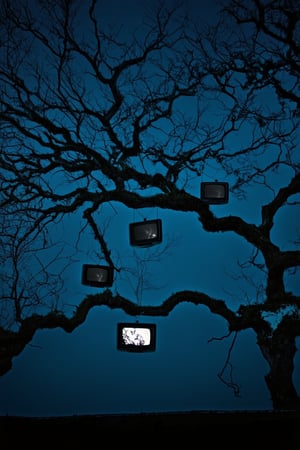 Picture eerie trees adorned with numerous cathode ray tube televisions hanging from their branches like strange fruit. The gnarled limbs of the trees twist and contort, creating a haunting silhouette against the dimly lit sky.Each television emits a faint glow, casting an otherworldly light on the surrounding area. The screens flicker with static and distortion