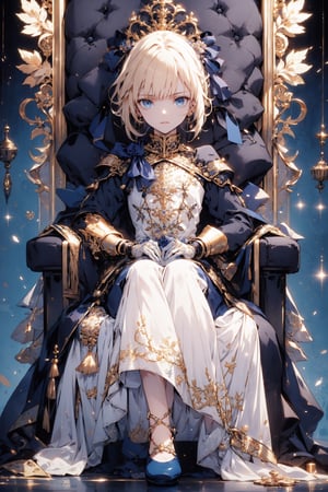 Azur Lane,
Solo､12year old beautiful actress girl,petite body, bangs,blonde hair,blue eyes, petite,tall eyes, beautiful girl with fine details, Beautiful and delicate eyes, detailed face, Beautiful eyes,luxury European Armor,Blue long skirt, blue shoes, white gloves with gold decoration,ultra detailed, official art, masterpiece,throne room background,phSaber, bouquet, joints, grey dress, mechanical arms