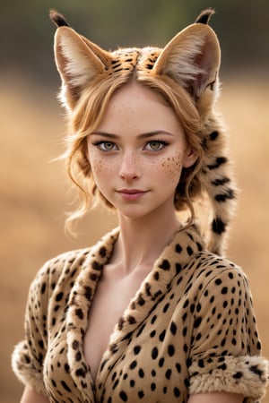  personified serval cat girl,freckles,Large Breasts, embodying the grace, curiosity, and independence of her feline counterpart. With soft, spotted fur and expressive eyes, she captivates with her playful charm and alertness. Adorned in a whimsical ensemble inspired by the African savannah, she exudes a blend of wild beauty and human-like personality,catgirl