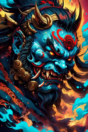  a nightmarish appearance of the evil ((mask) ), Japanese Oni culture , portrait view, highly detailed, 8k, Hyperrealistic, splash art, concept art, mid shot, intricately detailed, color depth, dramatic, 2/3 face angle, side light, colorful background,LegendDarkFantasy,oni style,Decora_SWstyle