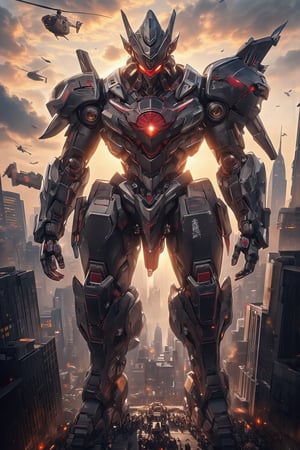 Massive ninja-themed robot in New York City, digital art, 8k resolution. Colossal mecha towering over skyscrapers, design inspired by traditional ninja attire and Japanese flag. Robot's body primarily matte black with red accents. Chest plate features a large, stylized rising sun emblem. Head shaped like a ninja's hood, with glowing red eyes. Shoulder armor resembles overlapping metal plates, mimicking samurai armor. Arms equipped with retractable blade weapons and grappling hooks. Legs designed for agility, with ninja-style tabi boot feet. Smoke bombs and shuriken launchers integrated into the frame. Japanese flag motifs and circuit patterns etched across the body. Robot stands in a dynamic pose amidst New York's iconic skyline. Empire State Building and One World Trade Center visible for scale. Panicked crowds and vehicles in the streets below. NYPD helicopters and news choppers circling. Afternoon sky with dramatic clouds, sun setting behind the robot casting long shadows. Hyper-detailed textures on the robot's surface, showing battle damage and weathering. Photorealistic style with cinematic lighting.,Mecha,real robot