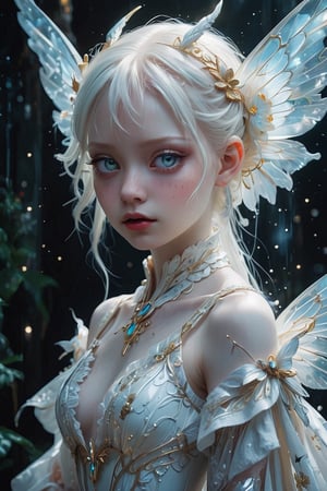 1girl, (masterpiece), stunning hybrid girl,  albino fairy and an albino demon girl,Pure white white pigtails,
blur background, sharp focus, albino demon girl,slit pupil eyes,Intricate Iris, Details their ethereal beauty blending seamlessly to create a mesmerizing presence.
Adorned in a shimmering gown that seems to radiate with otherworldly light, this unique being captivates all who behold her,Her delicate wings, reminiscent of both fairy wings and demonic appendages, flutter gracefully as she moves, adding to her enchanting allure. Despite her mixed heritage, there is a harmonious balance to her appearance, evoking a sense of wonder and admiration in all who gaze upon her.",Butterfly Style