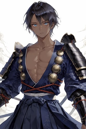 ((1man)),handsome young man, wearing samurai-style armor, long slit eyes, mysterious, narrow and captivating eyes, traditional Japanese armor reminiscent of a samurai, and a dark blue hakama.
Dark skin, open chest, beautiful collarbones,,warrior,samurai,emo,Realistic Blue Eyes
