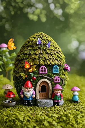 Egg,Egg-shaped fairy houses, whimsical miniature village, lush overgrown vegetation, tiny windows and doors, thatched roofs, vibrant wildflowers, twisting vines, moss-covered stones, fairy lights, mushroom circles, butterflies and ladybugs, miniature garden tools, acorn cap bird baths, dewdrops on leaves, soft morning mist, sunbeams filtering through foliage, pastel color palette, enchanted forest backdrop, intricate botanical details,Gnome,one dwarf