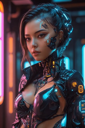  girl, Detailed body painting beautiful neon operator tanned woman, cyberpunk futuristic neon, reflective puffy coat, decorated with traditional japanese ornaments, perfect face, fine details,neon,circuitboard,zavy-cbrpnk,faceplate
