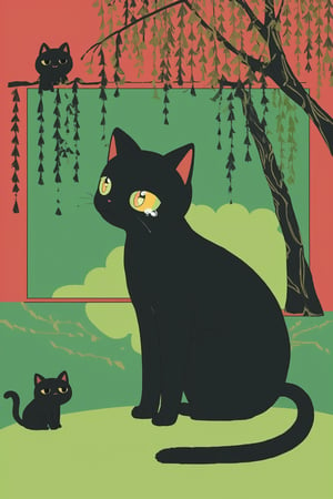 Hanafuda-style art, featuring a weeping willow and a cute black cat,
 Elegant willow branches with delicate green leaves cascade down, A sleek black cat sits beneath, its yellow eyes,Bold, simplified shapes in traditional colors. Red border frames the scene, flat-color-style,