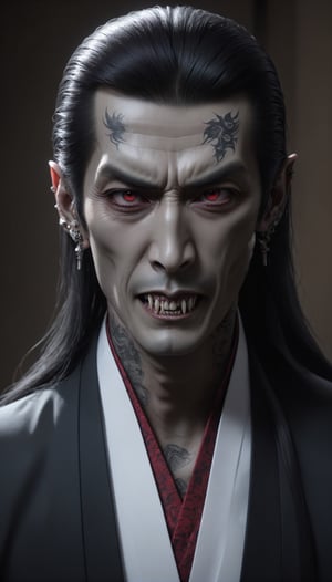 elder vampire exuding the aura of a Yakuza,badass guy, blending the elegance of the undead with the ruthless demeanor of a Japanese underworld, Clad in sleek tailored suits, adorned with intricate tattoos,long hair,He wears a solemn kimono,traditional Yakuza symbols,
this vampire commands respect and fear alike,
 With each step, he exudes an air of authority and danger, embodying the perfect fusion of vampiric allure and Yakuza sophistication."