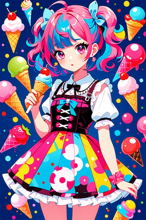 Colorful pop art, candy pop, lollipop punk, brightly colored berry beans, emo pink lolita girl,A dress made of jelly and ice cream,
 maximalism designemo,dal-6 style,Color Splash,Anime style
