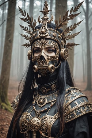 shaman head CROWN,(Wearing ww1 military gasmask),woman dressed as a witch standing in the woods, a portrait, tumblr, gothic art,Corps paint face, thorn crown, beautiful female god of death,style,LegendDarkFantasy,bl1ndm5k