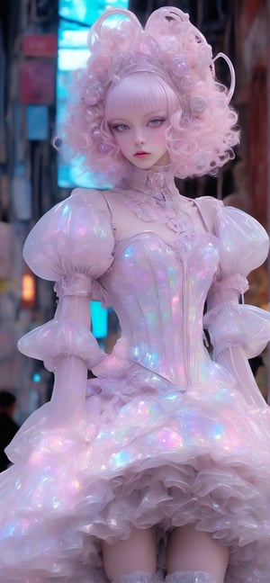 1girl,Nordic girl in Neo-Rococo cyberpunk Lolita fashion. Extravagant pastel-colored dress with oversized, ruffled skirt. Elaborate lace patterns interwoven with glowing fiber optics. Puffy sleeves with holographic accents. Corset-style bodice featuring miniature LED displays and touch-sensitive panels. Hair in high, complex updo with cybernetic accessories and neon streaks. Pale skin with subtle, iridescent makeup. Chunky platform shoes with built-in screens. Ornate handheld fan doubling as a holographic projector. Delicate cybernetic implants visible at temples and wrists. Background hints at futuristic baroque-inspired setting,MasterF,sagawa,FuturEvoLab-lora-mecha,goth person, ct-nijireal