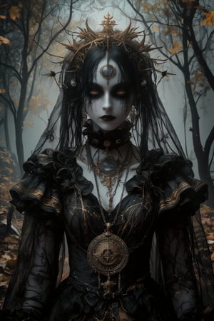 mystical portrait of a dark oracle priestess in an autumnal forest setting. She wears an elaborate black sheer veil and dress decorated with intricate gold embroidery patterns and celestial motifs. The fabric features delicate metallic thread work creating mysterious symbols and constellations. Her face shows dramatic gothic makeup with dark eyes and occult symbols painted around them. A large antique brass medallion pendant with mystical engravings hangs from her neck. The black gossamer fabric of her dress and veil flows ethereally, adorned with tiny crystals that catch the dim forest light. The background shows a misty autumn forest with golden leaves and dark tree trunks. She wears multiple layers of ornate jewelry with mystical symbolism, including moon phases and archaic runes. Face paint and temporary tattoos suggest ritual markings. The lighting is moody and atmospheric, with occasional gleams highlighting the golden embroidery against the black fabric. Fantasy photography style, perfect focus on intricate costume details, dark romantic atmosphere, mystical elements, professional lighting emphasizing the mysterious mood,Hyperrealism &Surrealism,Gothic,corpsepaint