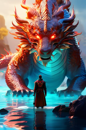 a full wide photo shot of a person standing in the water next to a Chinese dragon, in the style of fantasy scenes, realistic detail, theo prins, magewave, ferrania p30, evgeni gordiets, kuang hong, 8k sharp focus, photorealism, highly detailed,ek_game_3ffect,ek_ges1ba