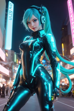 SCORE_9, SCORE_8_UP, SCORE_7_UP, SCORE_6_UP,
1girl,cyberpunk elf girl,Hatsune Miku,smile☺,She has sleek metallic Racing suit with neon-lit circuits and glowing interfaces, Her pointed ears feature high-tech devices, and her eyes emit a soft, luminescent glow, enhanced with augmented reality overlays. Vibrant, electric-colored hair flows down her back, intertwined with fiber-optic strands that pulse with data. She wears a fitted, futuristic bodysuit with intricate, glowing patterns, and her cybernetic limbs are equipped with advanced weaponry and tools. She moves through a neon-drenched urban landscape, blending organic grace and technological sophistication, embodying the essence of a cyberpunk elf.,xl_cpscavred,txznmec,racingmiku2022,Realistic Blue Eyes