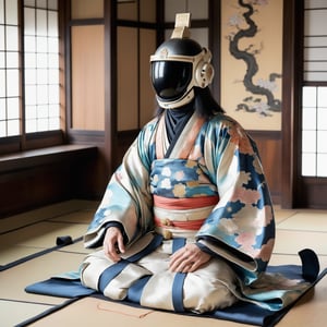 1man,Heian era nobleman sitting cross-legged on tatami floor, wearing an astronaut helmet. Elegant, multilayered kimono in vibrant colors and intricate patterns. Traditional wide hakama trousers spread around him. Long black hair flowing from beneath the modern space helmet. Pale, refined features visible through helmet visor. Hands resting gently on knees in meditative pose. Traditional folding fan and writing brush beside him. Background of classic Heian period interior: wooden pillars, painted screens, soft light filtering through paper windows. Surreal juxtaposition of ancient Japanese elegance and futuristic space technology,astronaut_flowers,,ParallelObserver