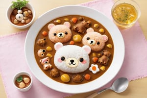 (From Above), Japanese Curry Rice, cozy scene unfolds within the curry rice as the adorable bear, Rilakkuma, peacefully slumbers. This creative dish features a carefully crafted,
charming character,
(Masterpiece, Best Quality, 8k:1.2), (Ultra-Detailed, Highres, Extremely Detailed, Absurdres, Incredibly Absurdres, Huge Filesize:1.1), (Photorealistic:1.3), By Dr.Maehara, Portrait, Ultra-Realistic Illustration, Digital Painting. ,fat,kawaiitech,