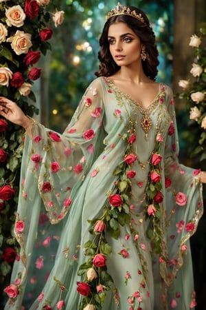 peerless beauty slavs girl,adorned in a fantasy-themed caftan dress, resplendent with roses. This noblewoman exudes an aura of grace and elegance as she glides through the room, her dress trailing behind her like a cascade of delicate petals. The caftan, intricately embellished with intricate floral patterns and shimmering gemstones, enhances her ethereal allure. With every step, she exudes the timeless charm of a fairy-tale princess, ,Flower queen,Pakistani dress
