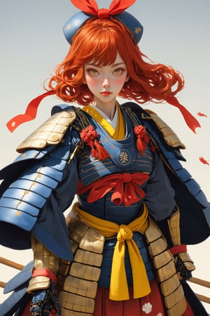 1girl,cute Face,dressed in samurai-style armor, She wears traditional Japanese armor reminiscent of a samurai,Blue coat, yellow hakama
,The design blends elegance with strength, portraying her as a warrior princess,(Large red head ribbon),
Adorning her head is with a faintly red ribbon tied, shining brightly､Her eyes reflect determination as she holds her sword with a poised stance,warrior,samurai