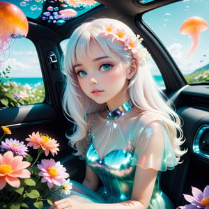 ((bokeh)),((depth of field)),
(Nordic girl),Aesthetic photography, high gamma, depth of field, girl white hair,sitting in car filled withflowers,photo naturalistic poses, 
wearing Luminescent Clothing,
vacation dadcore, a coolexpression, body extensions, jellyfish in car,Jellyfish floating around,
analog film, super detail, dreamy lofiphotography, colourful, covered in flowers andvines, Inside view,FlowerStyle,r,hhc,interior,real_booster,aesthetic,Beautiful girl ,LuminescentCL,Jellyfish 