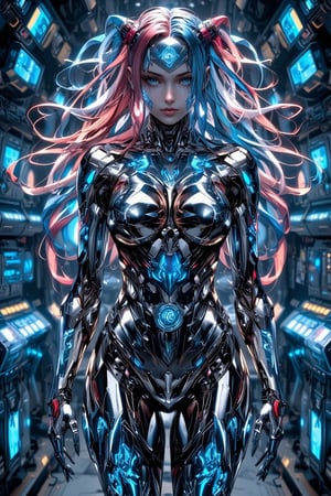 A sleek female cyborg with a mirror-polished chrome body, reflecting its surroundings. Feminine curves accentuate its robotic form. Vibrant, multicolored cables extend from its head like hair, flowing in various directions. Intricate, glowing blue-white tattoos cover skin,tattoos body,creating complex patterns and circuitry designs. The tattoos pulse with a soft, ethereal light. The cyborg stands in a futuristic laboratory setting, surrounded by holographic displays and advanced technology. Its eyes emit a gentle, intelligent glow. Hyperrealistic details, 8K resolution, ray tracing, cinematic lighting.,\mechako\,cyborg_master, QTGIRLREAL,REALNIME,uvtattoo