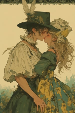 Folklore-style illustration of a couple kissing in warm muted tones,Two characters in medieval or fantasy attire embracing and about to kiss,Male character wearing a wide-brimmed hat with feathers and a puffy-sleeved shirt,Female character in a flowing dress with intricate patterns,Both figures have soft rounded features and curly hair,Characters positioned in profile view emphasizing their closeness,Color palette dominated by muted greens yellows and browns creating a vintage feel,Background features a misty meadow with subtle plant silhouettes,Top of the image bordered by an intricate folk art pattern in darker green,Texture resembling aged paper or parchment applied to the entire image,Art style reminiscent of classic storybook illustrations with fine linework and gentle shading,Soft dreamy atmosphere enhancing the romantic mood,Composition focuses on the central figures with simplified background elements,Overall warm and intimate feeling conveyed through color choice and character poses,,dal,animaport