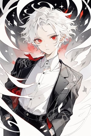 Imagine a VTuber character who is a strikingly beautiful young boy with white hair and red eyes. His hair is silky and perfectly styled, falling gently around his face and contrasting sharply with his vibrant red eyes that seem to glow with an intense, mysterious light. His skin is porcelain smooth, and his features are delicate yet striking, giving him an almost ethereal appearance. He is dressed in a stylish, modern outfit with elements of both fantasy and street fashion—a sleek, black jacket with silver accents, a white shirt, and slim-fitting pants. His overall look is both elegant and edgy, capturing the attention of viewers with his captivating presence and unique aesthetic.