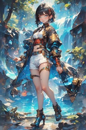 Anime-style illustration of a cheerful young alchemist girl with short black hair with ahoge, blue eyes and a bright smile. Tribal face paint: delicate white swirls around eyes and cheeks. Outfit: white shorts, black and gold jacket, red arm wraps, magical items floating around: glowing potion bottles, small creatures, Accessories: star-shaped hair clip, unique high-heeled boots (blue, gold, red), Pose: facing the viewer, Color palette: black, white, gold, red, blue accents. Style: clean lines, vibrant colors, details. Background: beautiful waterfall pool. lush greenery, sparkling water, misty air. Lighting: soft, magical light emanates from both the character and the waterfall. Mood: fun, mysterious, adventurous. Key details: smoke coming from the potion, floating stars, intricate design on the clothing. Overall: a charming blend of magic, science and nature in an energetic character design. ,dal,Fantasy Girl,dal,fantasy girl