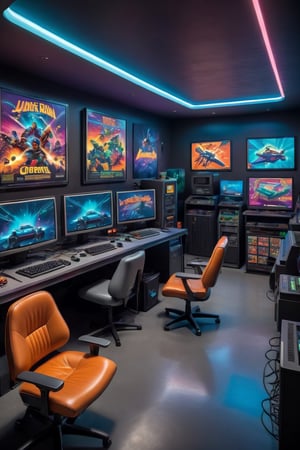 A retro-futuristic gaming computer room decorated with classic video game posters, CRT monitors, sleek gaming chairs, and a huge classical computer, each station is equipped with multiple monitors, RGB lighting, and high-performance peripherals.,retropunk style