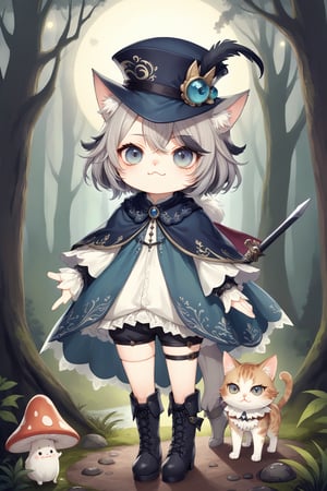 fairy cat,Adorable Cait Sith fairy, dressed as Early Modern European musketeer, feline features with mystical aura, large expressive eyes, whiskers, pointed ears, wearing plumed cavalier hat, ornate doublet with lace collar, cape, breeches, and tall boots,magical sparks around paws, forest glade background with mushroom circles, misty atmosphere, moonlit scene, detailed fur textures, blend of photorealism and whimsical fantasy style