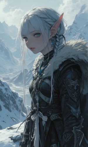 
Extreme detailed,ultra Realistic, beautiful young ELF lady,platinum silver shining hair, long elvish braid, side braid, blue-grey eyes,elf ears, Wearing Celtic leather Armor, hooded cloak, animal fur hood, intricate clothing, animal fur clothing, dark clothing, waistband, scarf, soft smile, bending posture, looking into the distance, snowy mountain scenery, overlooking valley, river, white clouds,Midjourney_Whisper