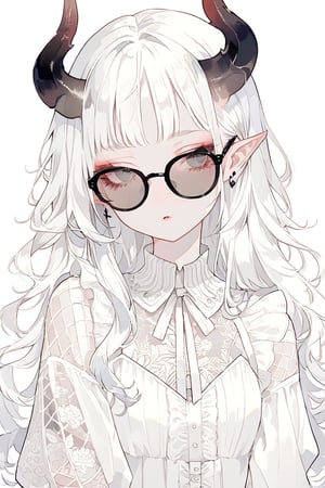 Shoujo manga style,1 girl, albino demon girl, (long intricate horns:1.2),with lethargic sleepy smokey eyes,(pure white 
long hair),(sunglasses.),luxury mesh fishnet blouse,