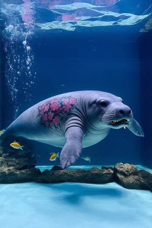 A large manatee floats gracefully in a spacious aquarium tank. Its grey skin is adorned with intricate Japanese-style tattoos. On its back, a fierce oni (Japanese demon) mask is inked in bold red and black, with golden accents highlighting its horns and teeth. Delicate pink cherry blosssom branches with drooping flowers stretch across the manatee's sides, creating a beautiful contrast to the oni. The tattoos appear to shimmer and move with the manatee's skin as it swims. Crystal-clear water surrounds the creature, with small bubbles rising. Soft blue lighting illuminates the tank, enhancing the tattoos' colors. Other fish dart around the manatee, some pausing to investigate the unusual sight. Aquarium 