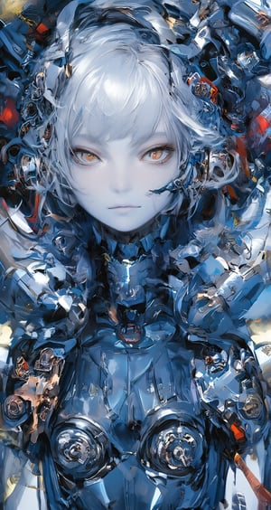 Female cyborg,full body figure,highly polished blue metallic body reflecting light like a mirror surface, Face crafted from pure white alabaster resembling a gothic porcelain doll with delicate features, Large luminous eyes with intricate mechanical iris patterns, Ornate gothic hair ornaments made of alabaster and silver filigree with small mechanical details, Long flowing synthetic hair styled in elegant victorian curls, Multiple vivid cables extending from neck area in bright red yellow and white creating a dramatic contrast against blue body, Cables have a glossy plastic finish and gentle curves like ribbon streamers,Body constructed of smooth curved panels with visible joint sections, Mirror-finish blue metal reflecting environment creating complex light patterns, Mechanical parts visible at joint areas with precise technical details, Graceful feminine proportions with elegant posture, Doll-like hands with visible mechanical articulation at fingers, Gothic-inspired design elements integrated into mechanical parts, Subtle LED lighting effects in eyes and joint areas, Expression serene and doll-like yet hints at artificial intelligence, Contrast between cold mechanical body and delicate porcelain features, Interior mechanical parts glimpsed through strategic transparent panels, Metallic surface transitions seamlessly to porcelain features at neck area,PorcelainDollPrincess,\mechako\