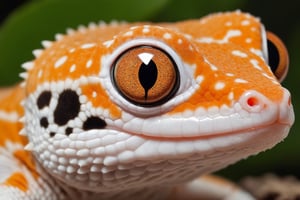 super realistic photos Macro shot,cute Leopard gecko, very realistic and detailed gecko eyes, orange and white body color