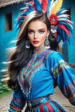 A Ukrainian hot woman,beautiful blue eyes, dons the traditional attire of the Andean cumbia dance, blending her Ukrainian heritage with vibrant Andean culture, Her outfit features colorful patterns and intricate designs, symbolizing unity and diversity,
With graceful movements, she seamlessly merges Ukrainian elegance with Andean vibrancy,
,Enhanced All,Realistic Blue Eyes