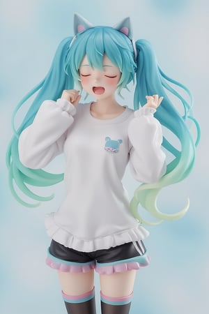 1girl,PVC,Hatsune Miku Resin Figure, poses cutely while yawning loudly. Hatsune Miku has blue-green twin tails with cat-like ears and wears a white long-sleeved shirt with a small Miku logo on the chest. Miku is also wearing black shorts with soft pastel stripes and thigh-high socks,open eyes,
 Her eyes and mouth are slightly open, making her look sleepy. The background has a soft and minimalist atmosphere, giving her an adorable look and a cozy feeling. Masu. Emphasizes a relaxed atmosphere. ,lyh,ATRFX,resin